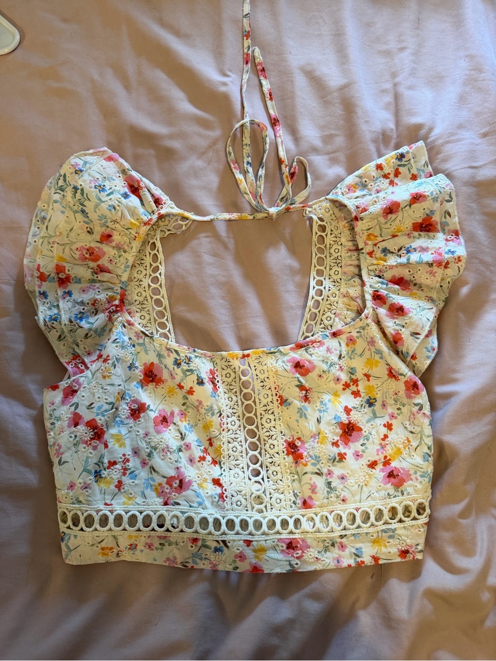 Altar'd State Cream Floral Crochet-Trim Crop Top